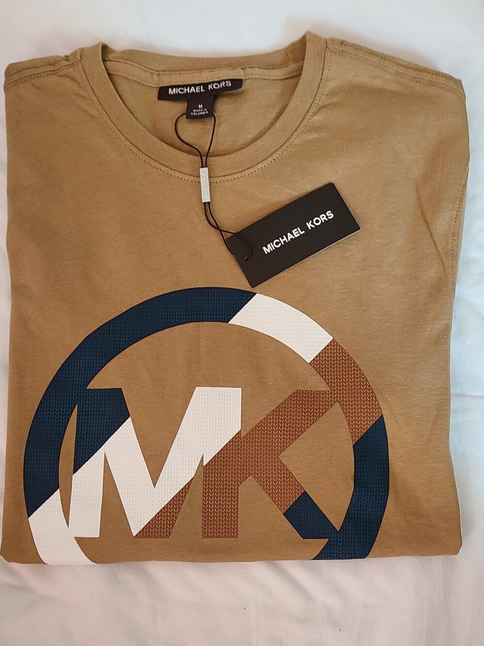 Michael Kors Men’s Tan Logo Short-Sleeve Tee with Navy & White Accents